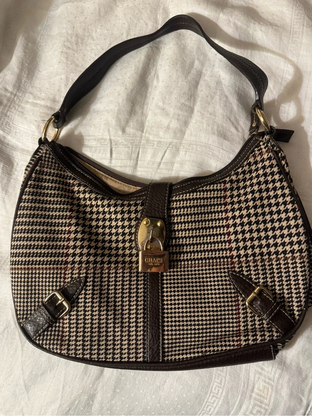 Chaps Brown & Beige Houndstooth Hobo with Gold Lock